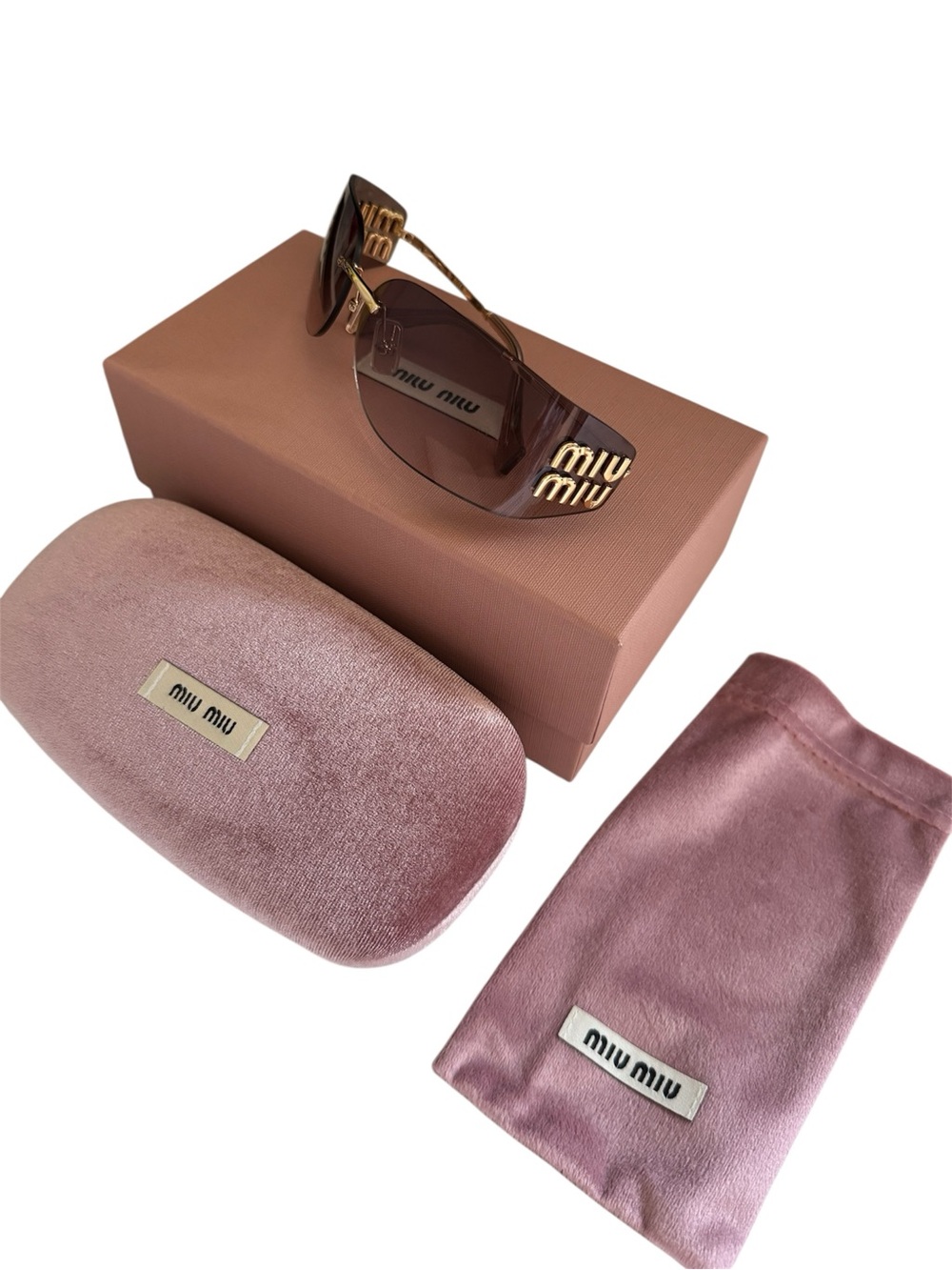 Miu Miu style Gold & Brown Rimless Sunglasses with Logo Temples - Picture 3 of 3